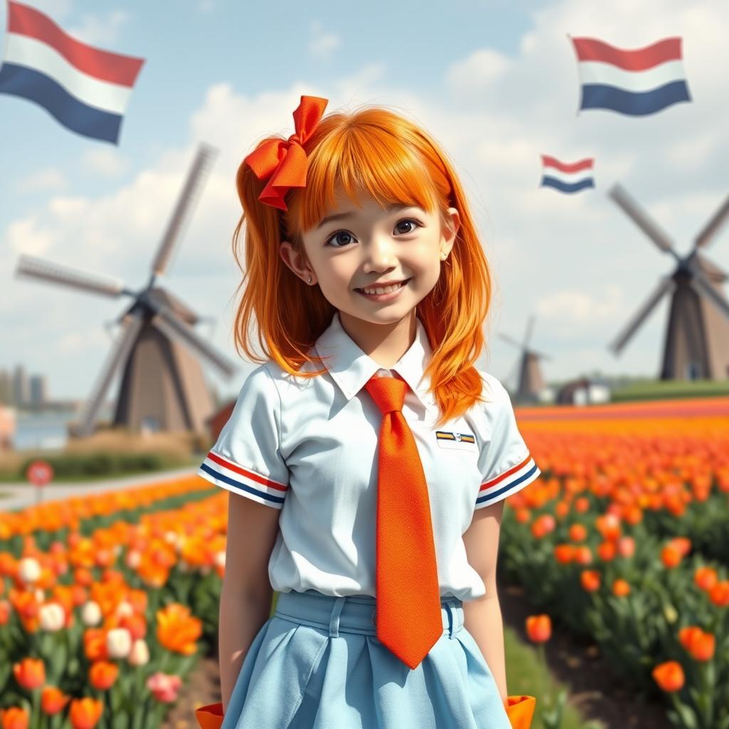 An ethnically Japanese girl living in the Netherlands, showcasing her Dutch nationalist spirit with a cheerful expression