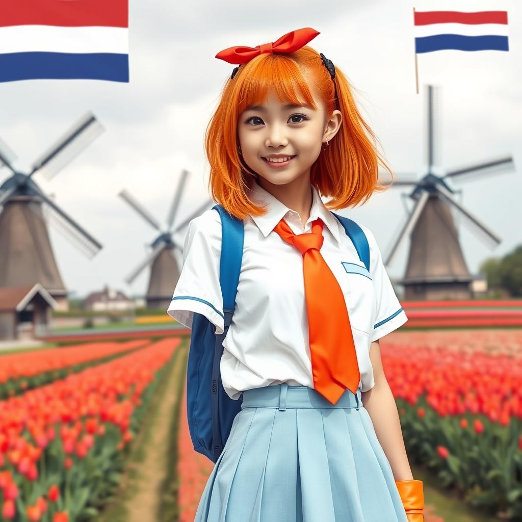 An ethnically Japanese teenage girl living in the Netherlands, proudly showcasing her Dutch nationalist spirit