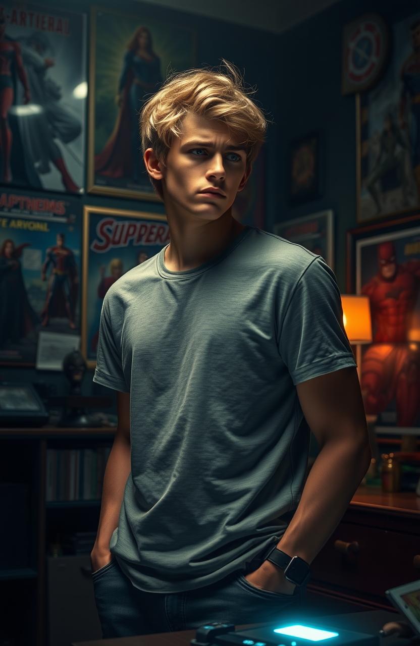 A young man resembling Aron Carter, caught in a moment of contemplation and inner conflict, standing in a dimly lit room filled with superhero memorabilia