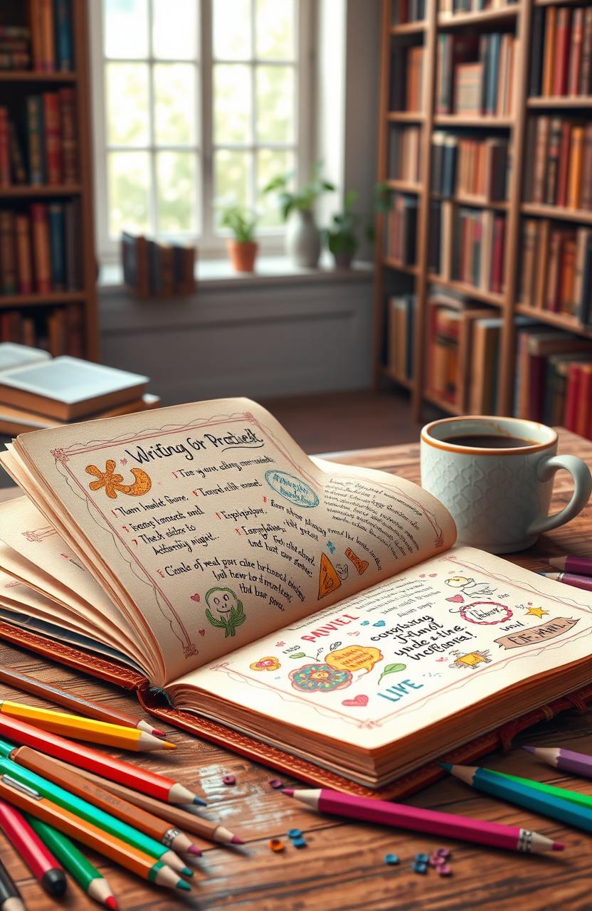 An artistic depiction of a beautifully designed writing practice book, open to a colorful page filled with whimsical handwritten notes, motivational quotes, and doodles