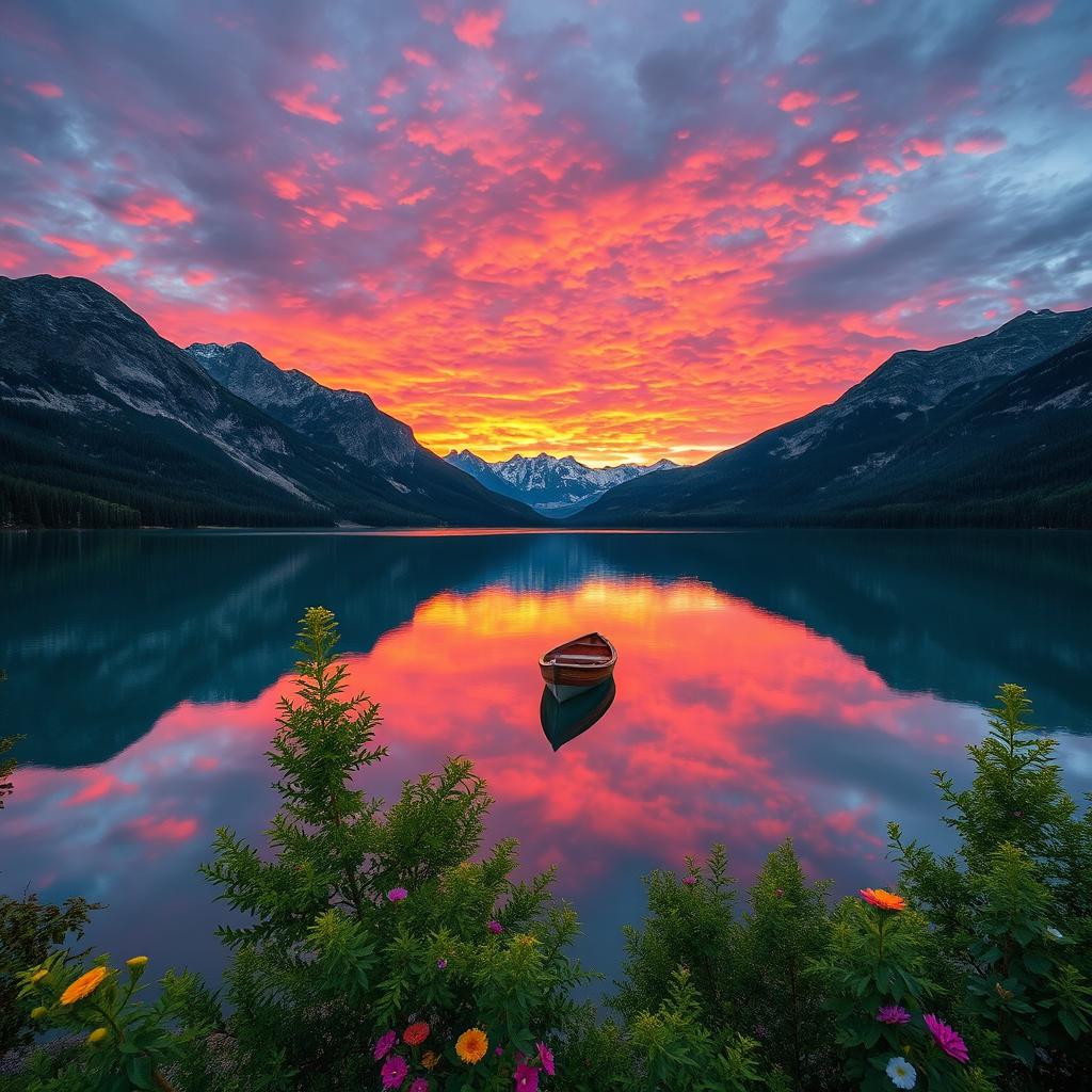 A serene landscape featuring a tranquil lake surrounded by majestic mountains, reflecting the vibrant colors of a sunset sky filled with pink, orange, and purple hues