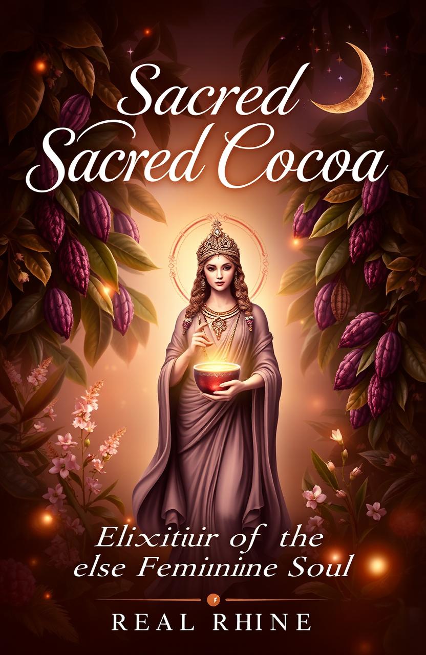 A mystical eBook cover for "Sacred Cocoa: Elixir of the Feminine Soul