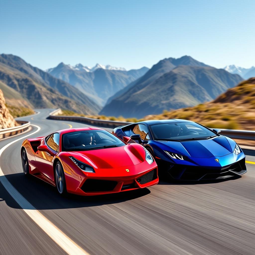 A thrilling race scene with two powerful sports cars speeding down a winding mountain road