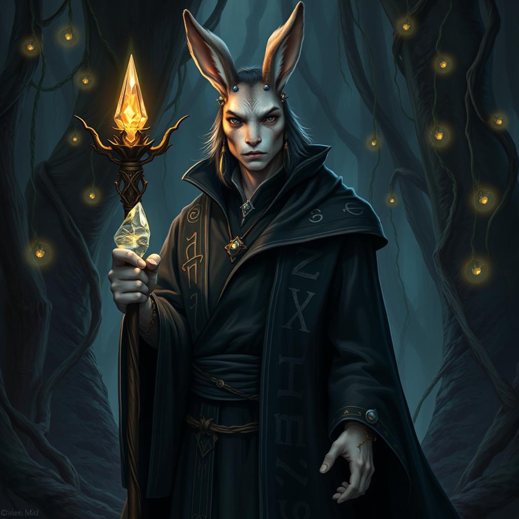 A striking portrait of a rabbitfolk/human hybrid warlock standing confidently in a mystical forest