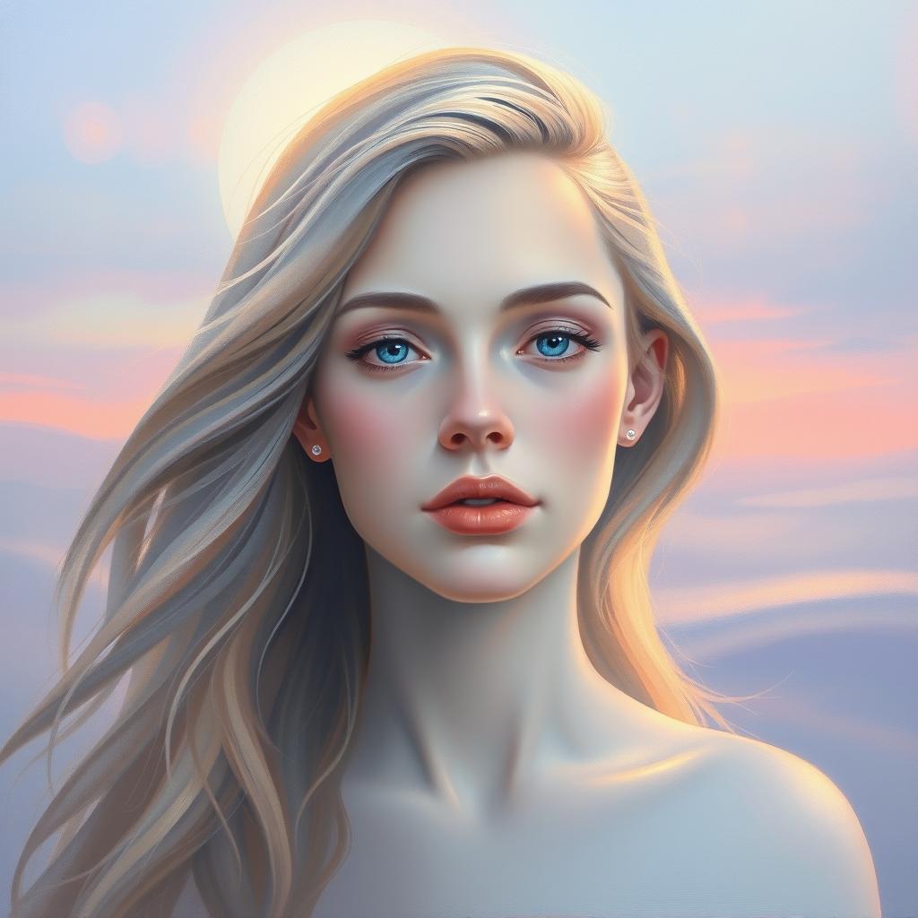 An ethereal self-portrait painting of a person, with soft, dreamlike features and a gentle glow surrounding them