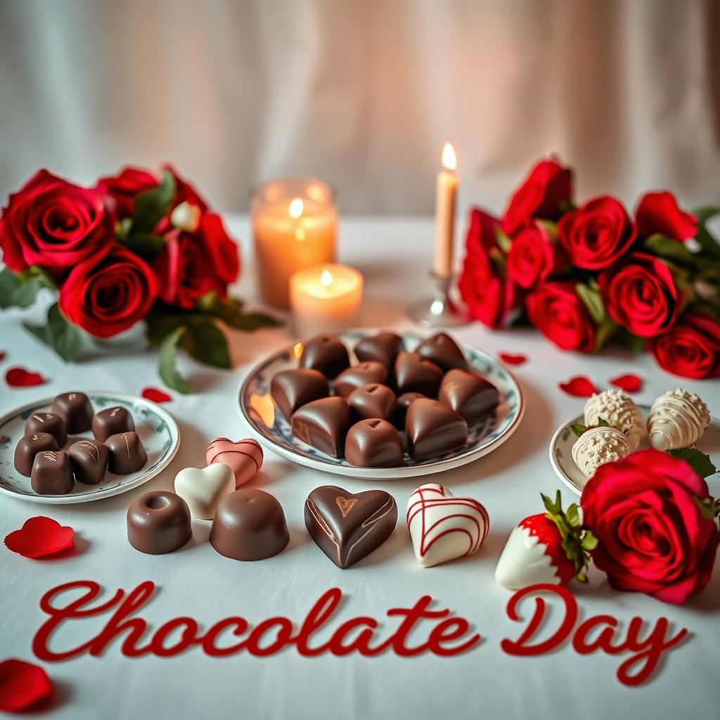A beautifully arranged table celebrating the romantic theme of Chocolate Day, featuring an assortment of luxurious chocolate treats like dark chocolate truffles, milk chocolate hearts, and white chocolate-covered strawberries
