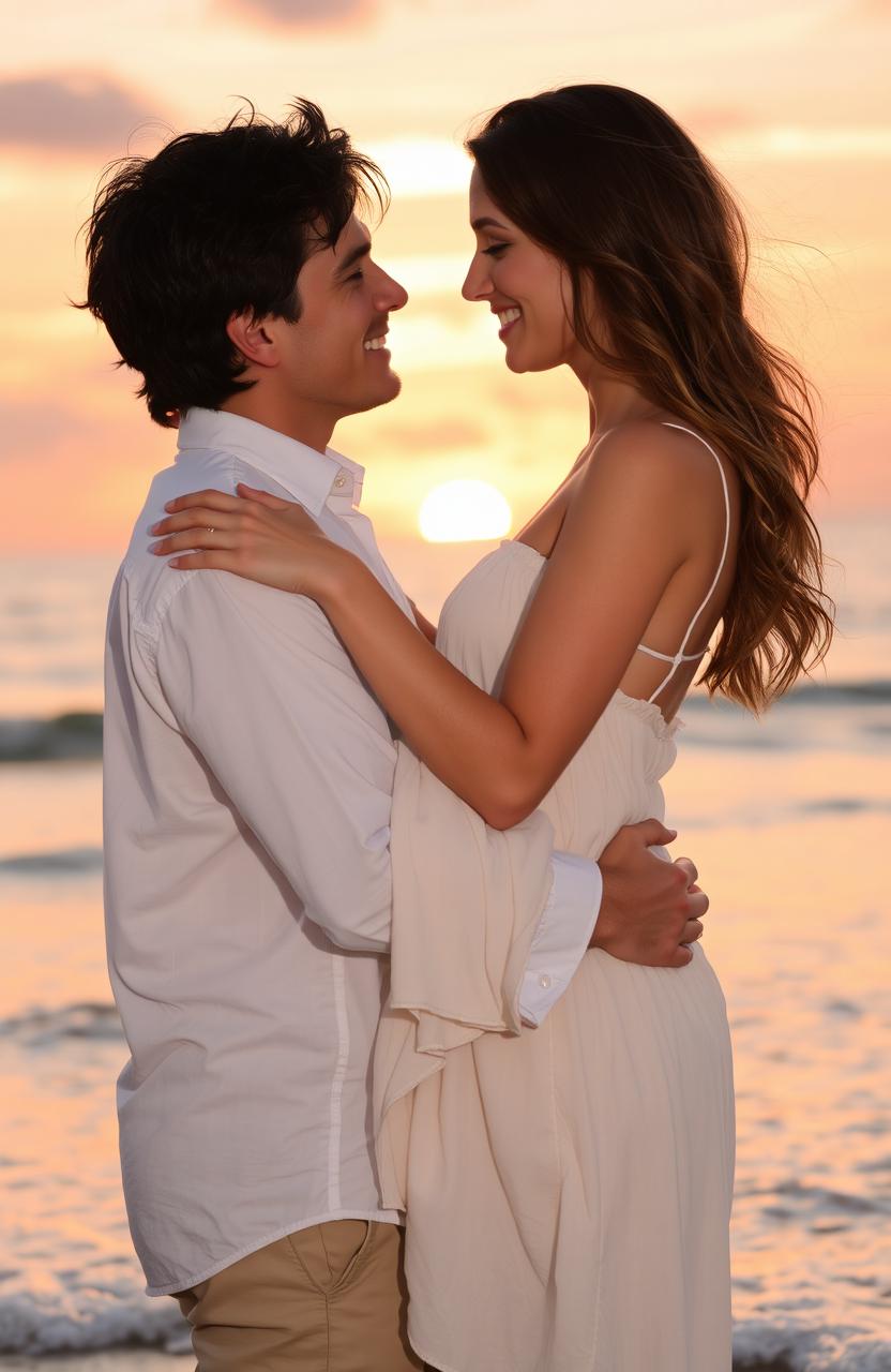 A romantic couple embracing on a beach at sunset, with gentle waves lapping at their feet