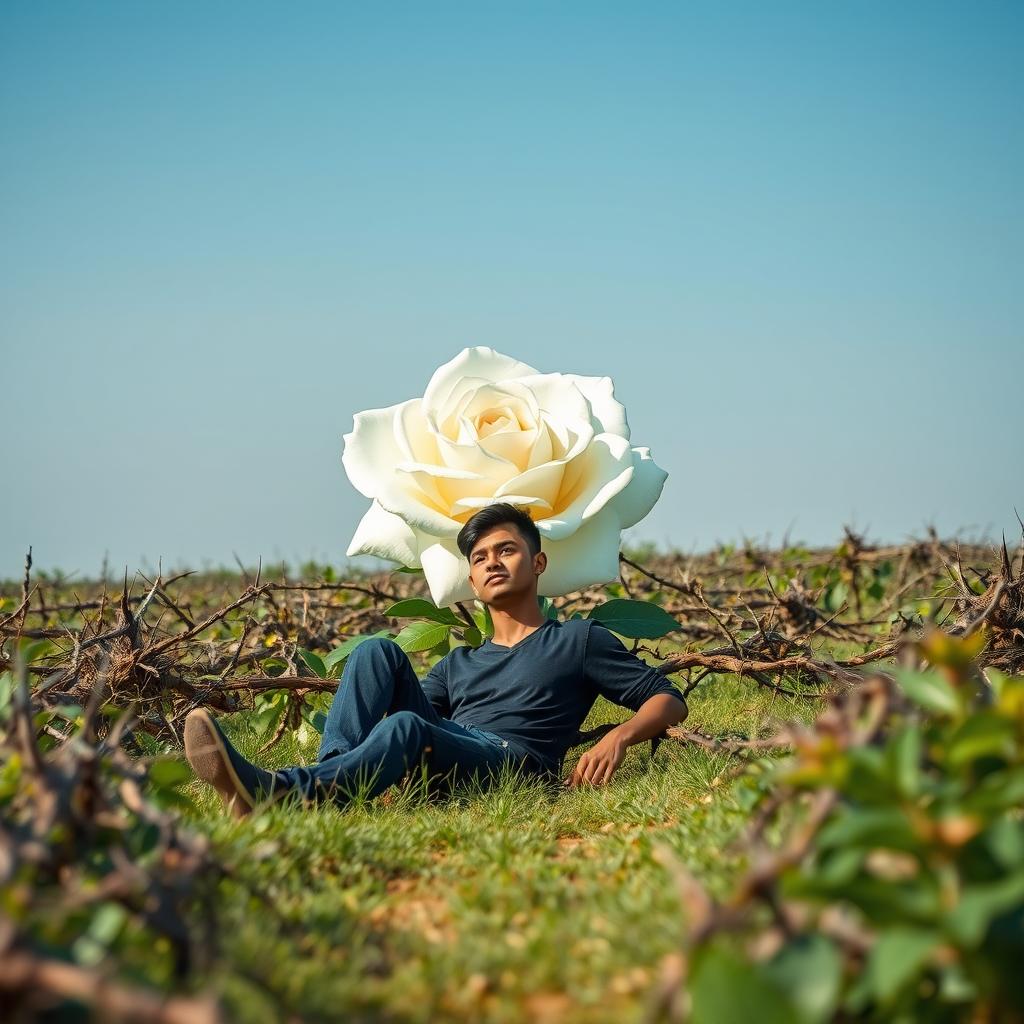 A serene campo (field) surrounded by a wall of sharp thorns, with a magnificent bright white rose at the center