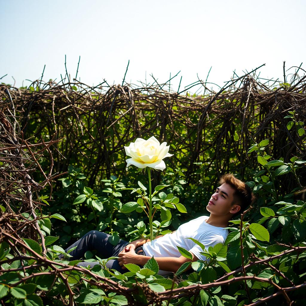 A lush campo (field) surrounded by a formidable wall of intertwining sharp thorns, with a vibrant and radiant white rose standing elegantly at the center