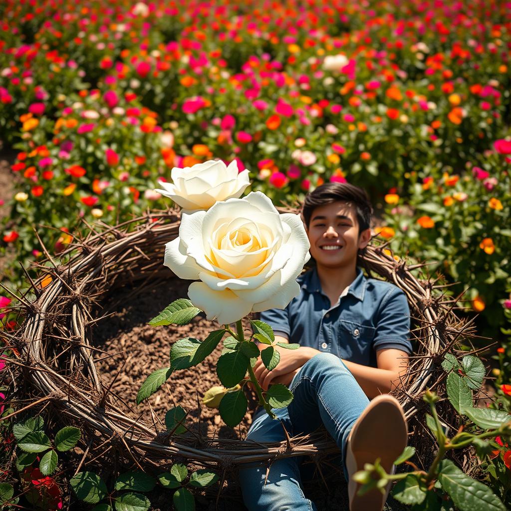 A vibrant campo (field) surrounded by a protective wall made of sharp thorns, with a stunning bright white rose blooming at the center
