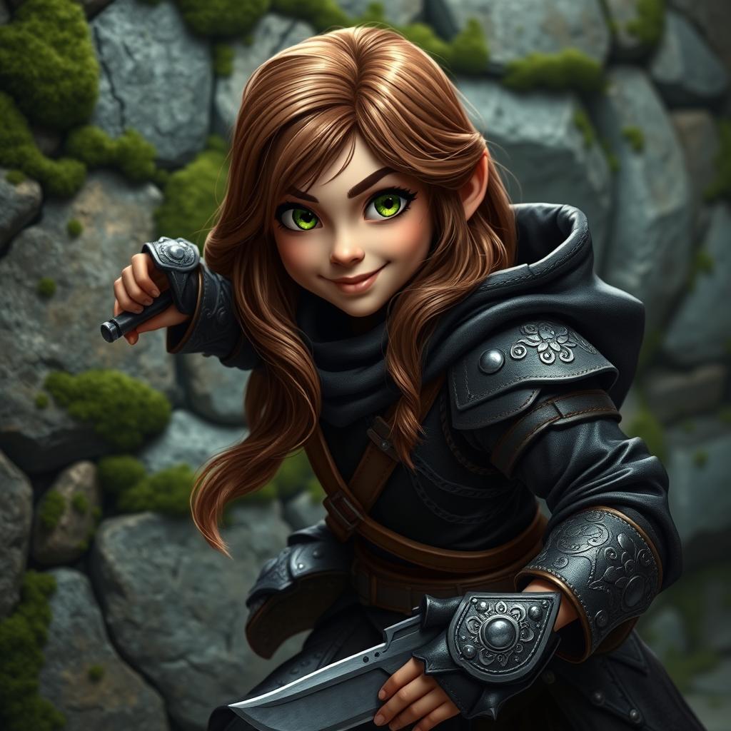 A charming and agile halfling female rogue, with long wavy brown hair and bright green eyes