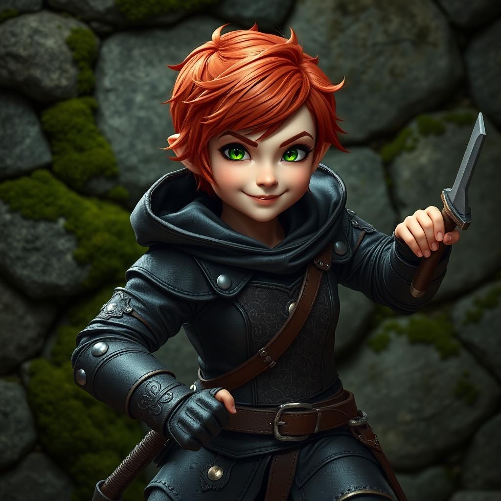 A charming and agile halfling female rogue, with short, fiery red hair and bright green eyes