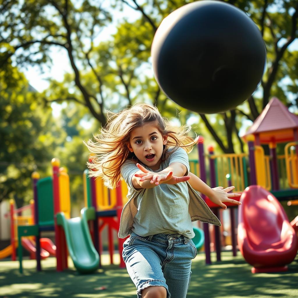 A dramatic scene featuring a girl in an action-packed moment, as she narrowly dodges a large black ball that is flying towards her