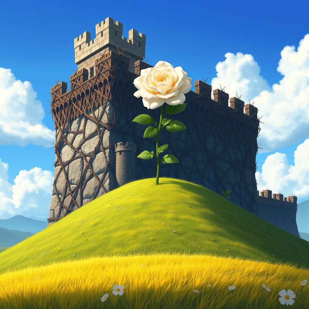 An animated medieval-style scene depicting a giant wall made of fierce thorns towering over a picturesque campo (field)