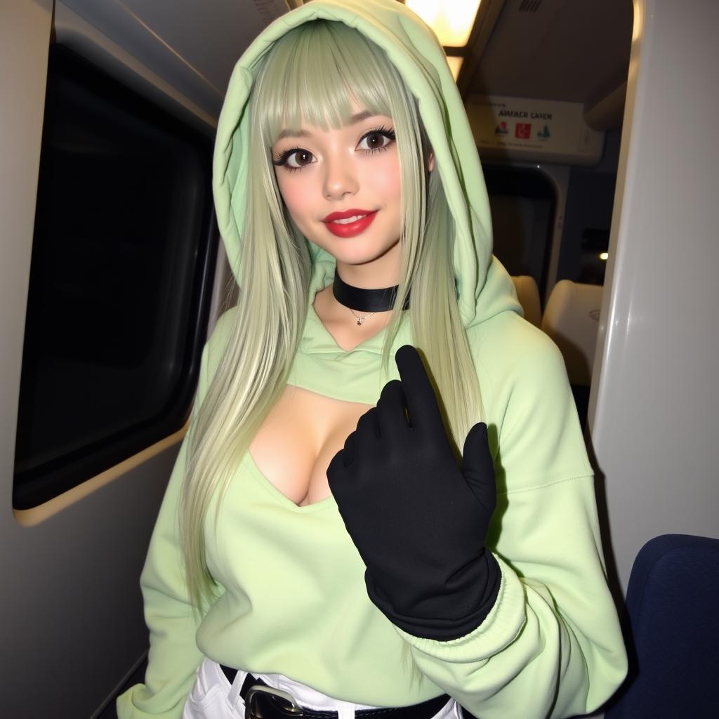 A young woman with long, straight light green hair, black eyes, and red lips, wearing a light green hooded sweatshirt and black gloves