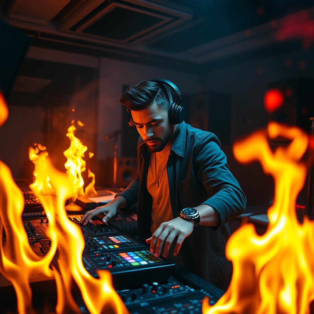 A dynamic and atmospheric scene featuring a passionate music producer in a modern studio setting