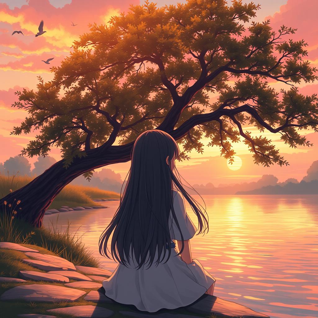 A serene scene depicting a girl sitting beside a tranquil river in the afternoon glow