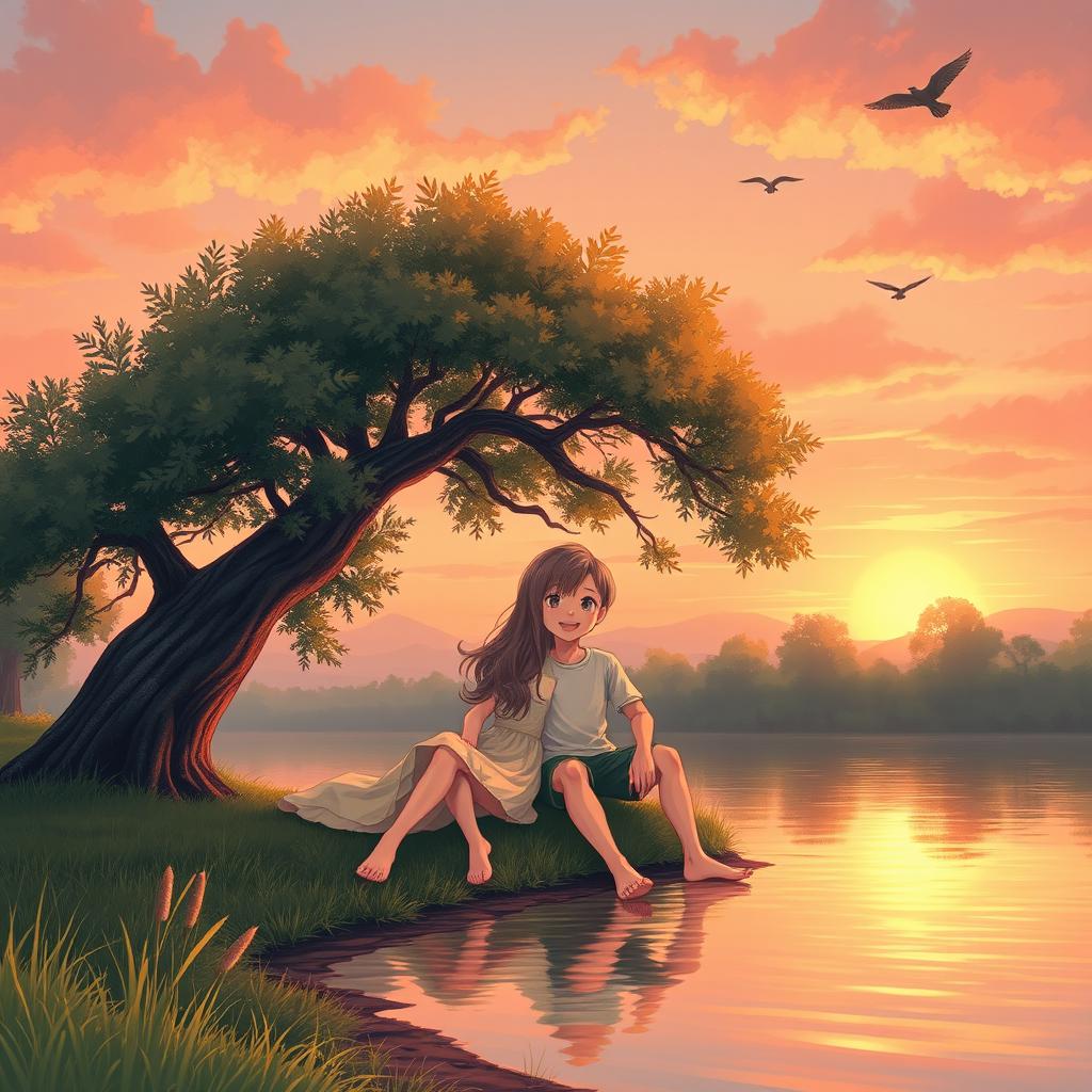 A charming scene portraying a girl and boy sitting side by side beside a peaceful river in the afternoon