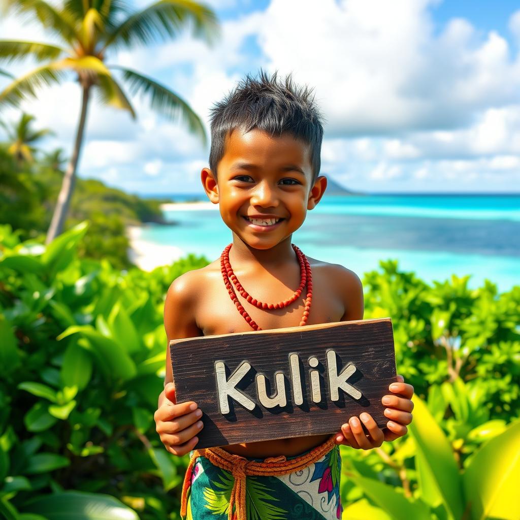 A young boy from Papua New Guinea standing on a tropical island, vibrant greenery surrounding him