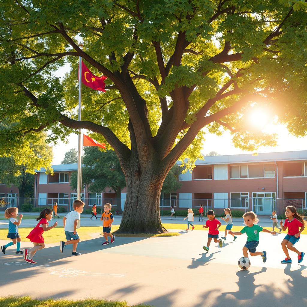 A vibrant and lively scene depicting school students playing in a spacious school playground during a bright morning