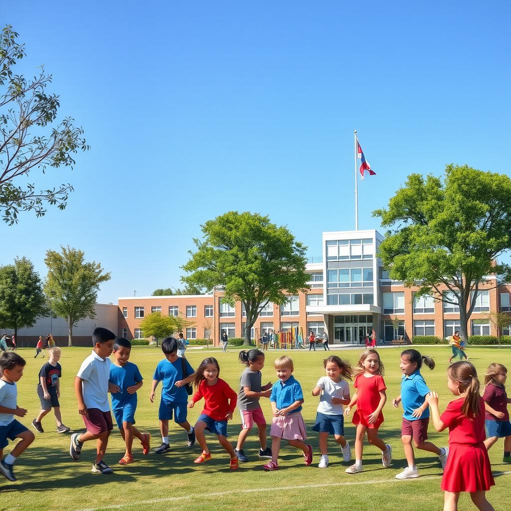 A vibrant scene of school students enjoying their recess on a play field under a clear blue sky in the morning