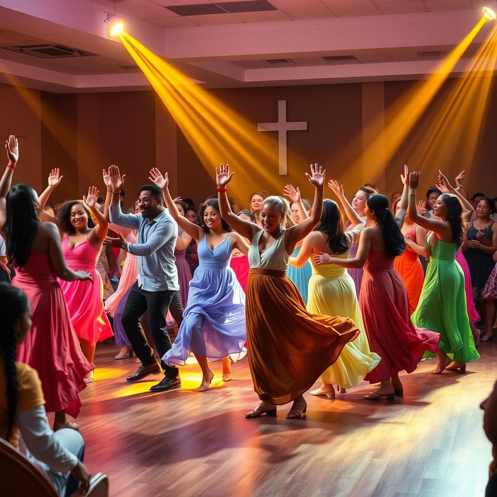 A vibrant and joyful dance ministry performance in a church setting, featuring a diverse group of dancers in flowing, colorful garments