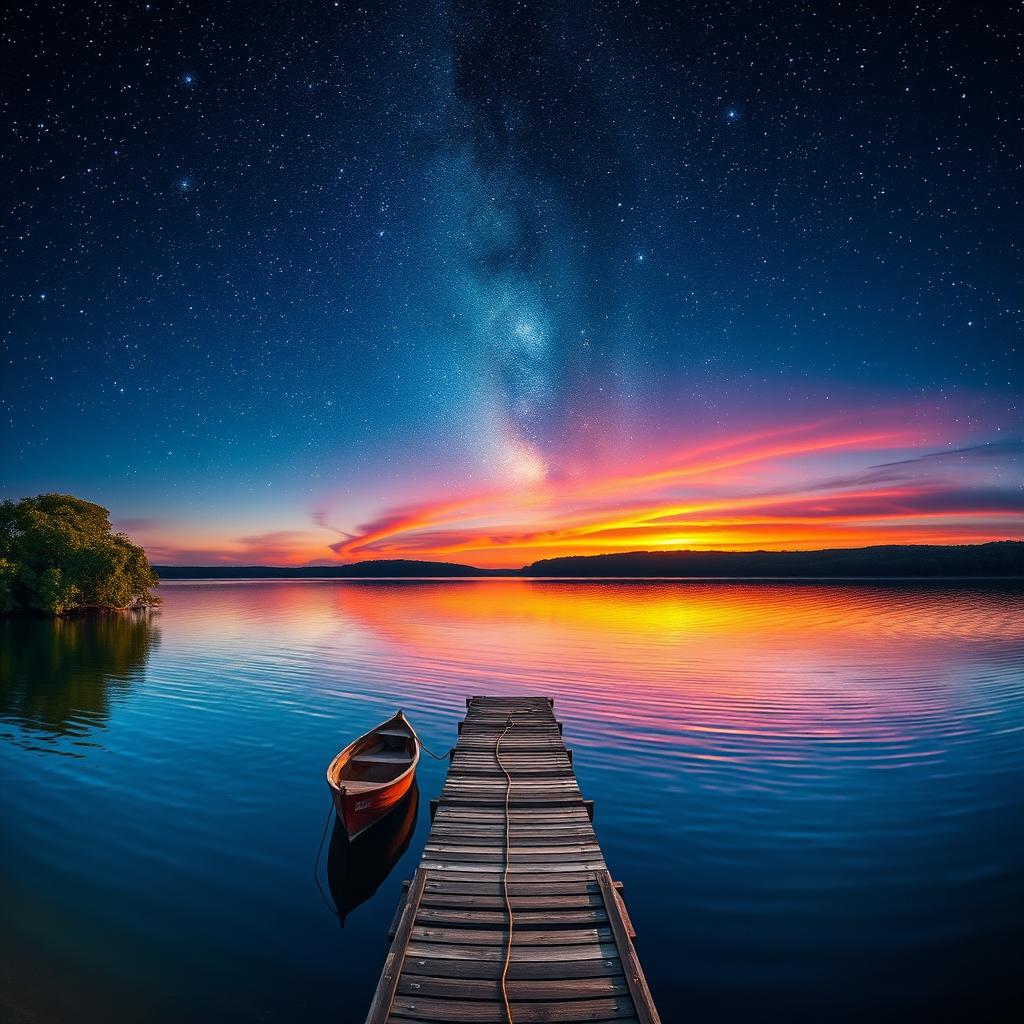 A stunning landscape that transitions from a vibrant sunset reflecting on a calm lake to a starry night sky filled with bright stars overhead