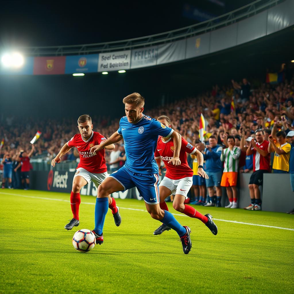 A dynamic scene of an intense football match, featuring two teams in action on a lush green pitch