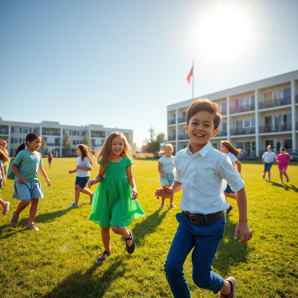 A lively scene of school students playing on a green field in the morning