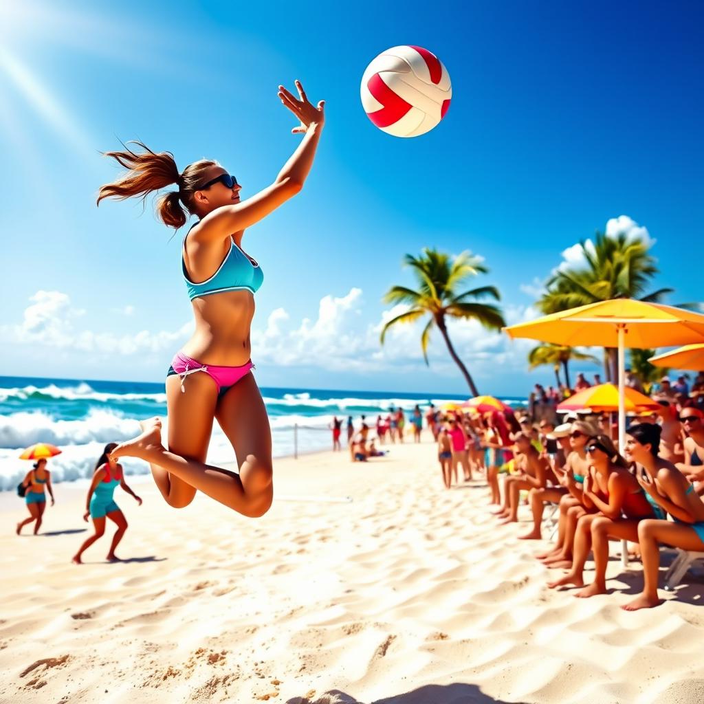 A vibrant and colorful volleyball scene set on a sunny beach, showcasing athletes in action