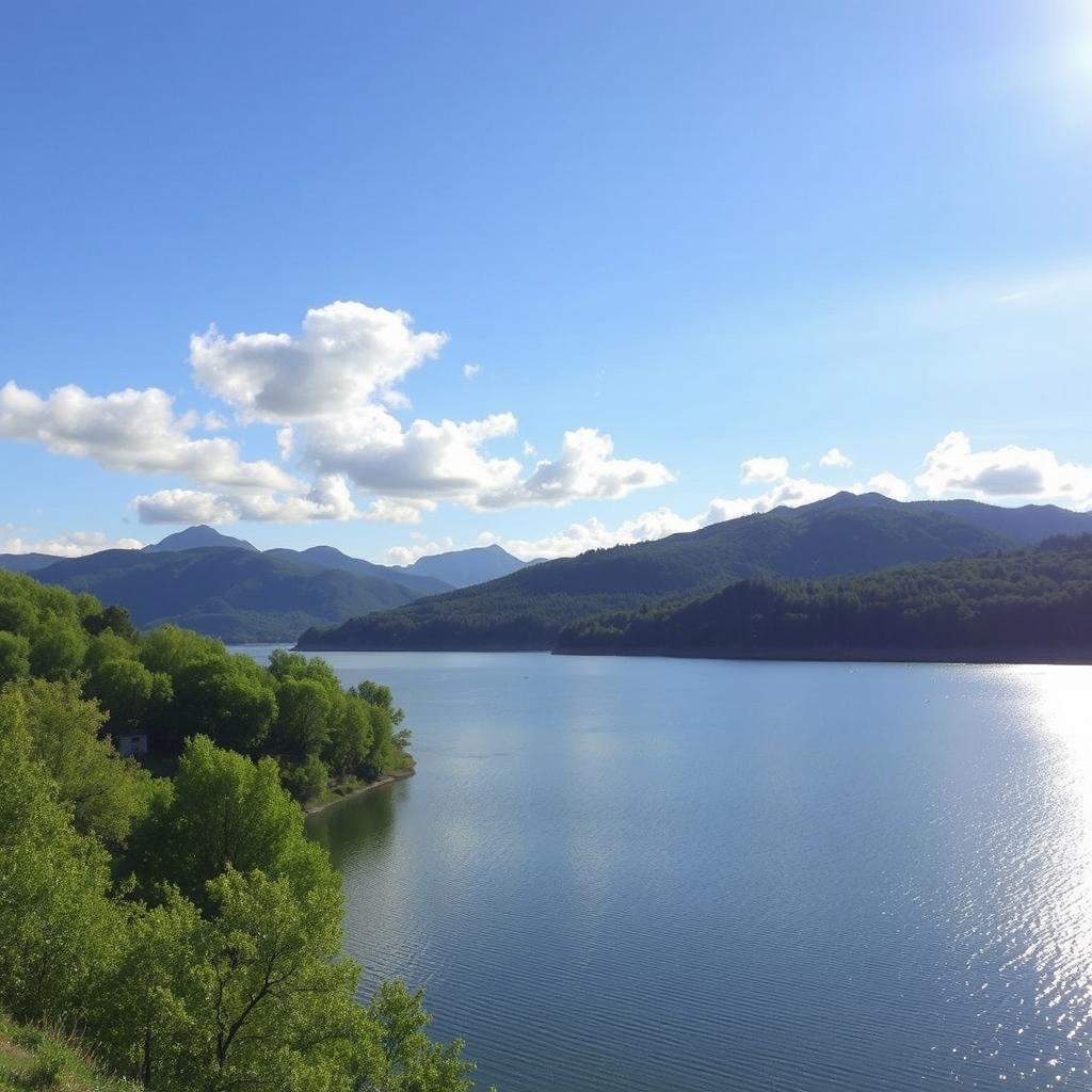 A serene landscape featuring a tranquil lake surrounded by lush green trees and mountains in the background