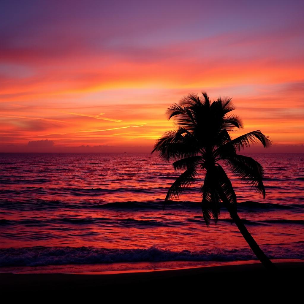 A vibrant sunset over a calm ocean, with waves gently lapping at the shore