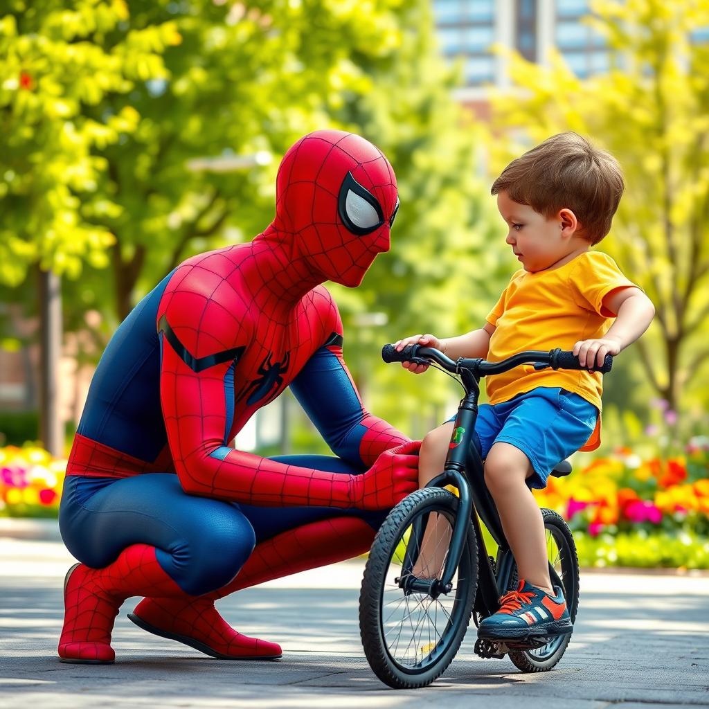 A heroic scene of Spider-Man gently assisting a little boy who has fallen off his bicycle