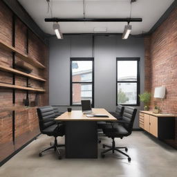 Remodel the described 220 square feet office into an industrial-style design maintaining the same layout with four walls, a window, a door, a single table and three chairs, and a minimalist ceiling.