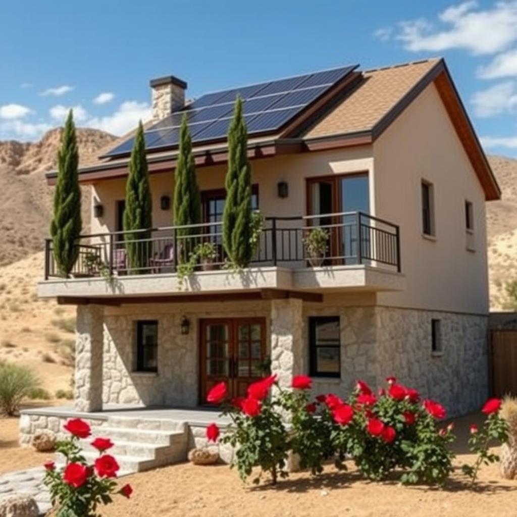 A beautiful two-story house made of jade stone as its foundation, featuring solar panels on the roof