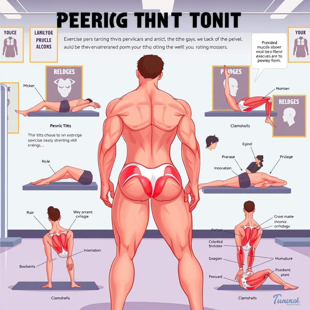 An informative and user-friendly illustration featuring various exercises focused on strengthening and toning the pelvis area