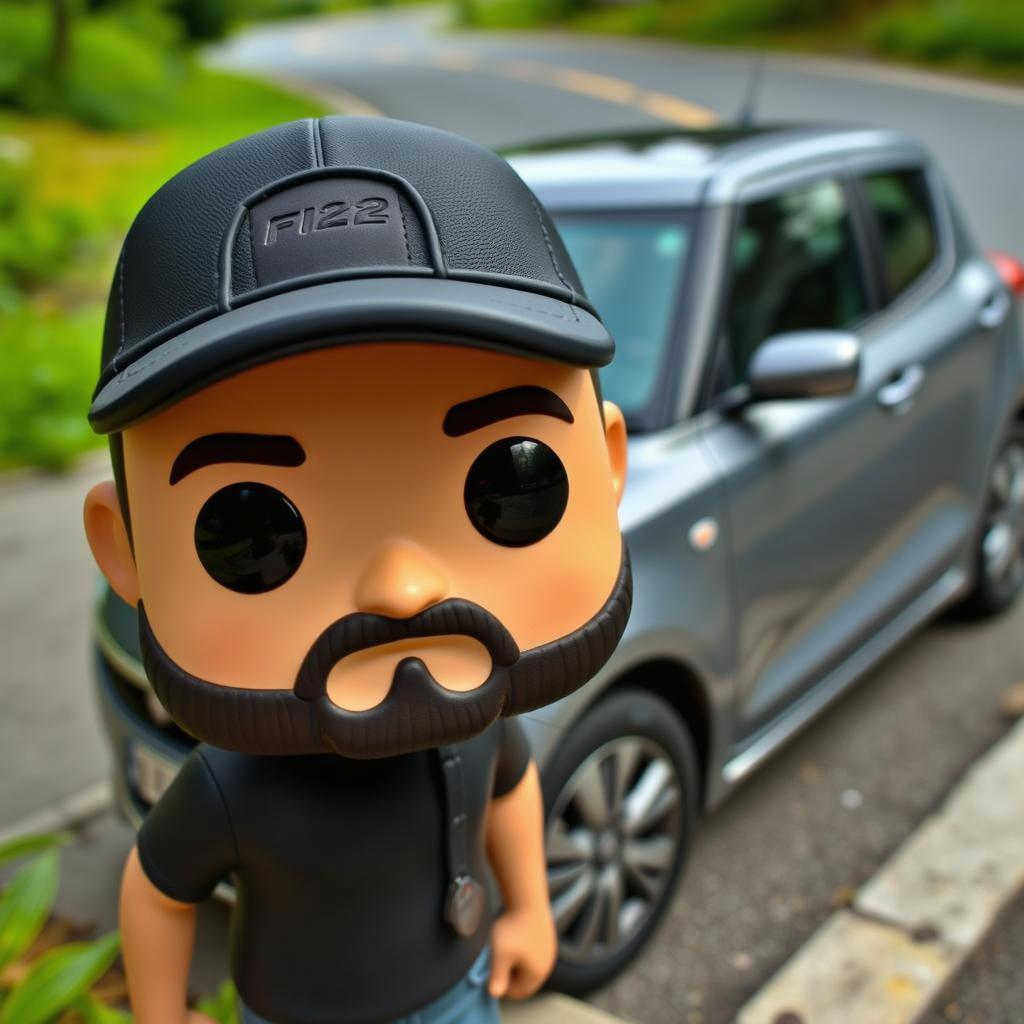 Create a Funko Pop-style figure of a man with a short beard and mustache, wearing a black cap with the logo 'F122'