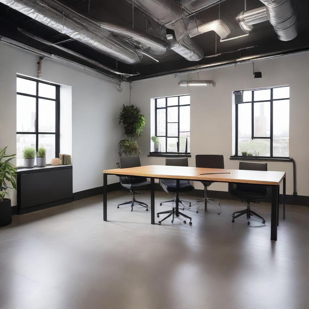 Remodel the described 220 square feet office into an industrial-style design maintaining the same layout with four walls, a window, a door, a single table and three chairs, and a minimalist ceiling.