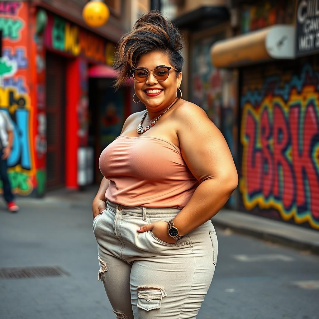 A person with a fuller body shape standing confidently, wearing a stylish outfit that flatters their form