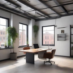 Remodel the described 220 square feet office into an industrial-style design maintaining the same layout with four walls, a window, a door, a single table and three chairs, and a minimalist ceiling.