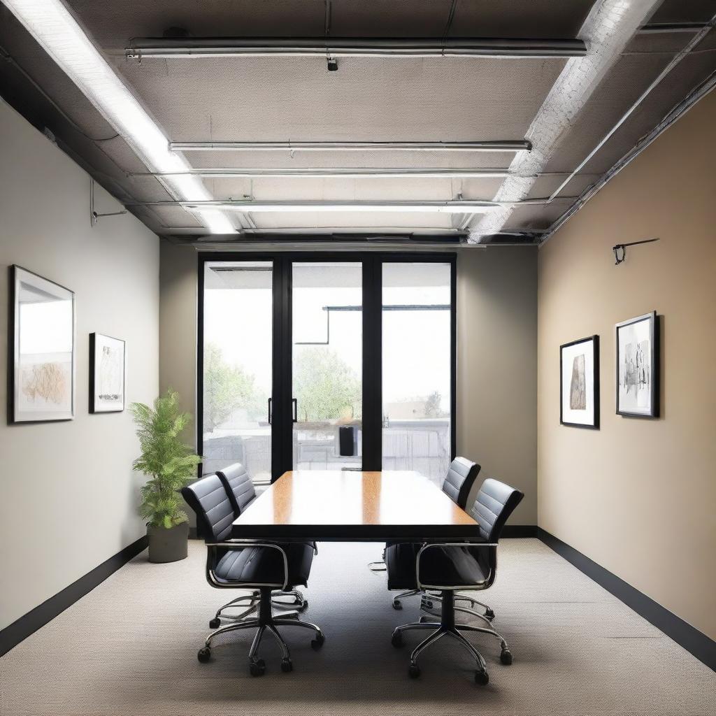 Remodel the described 220 square feet office into an industrial-style design maintaining the same layout with four walls, a window, a door, a single table and three chairs, and a minimalist ceiling.