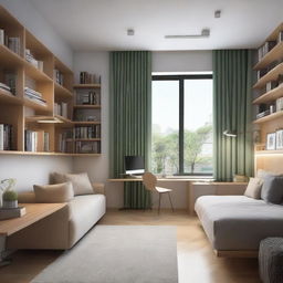 A well-arranged study room with two large windows, a cozy bed, a sleek TV, a study table, a comfortable sofa, and a bookshelf brimming with books