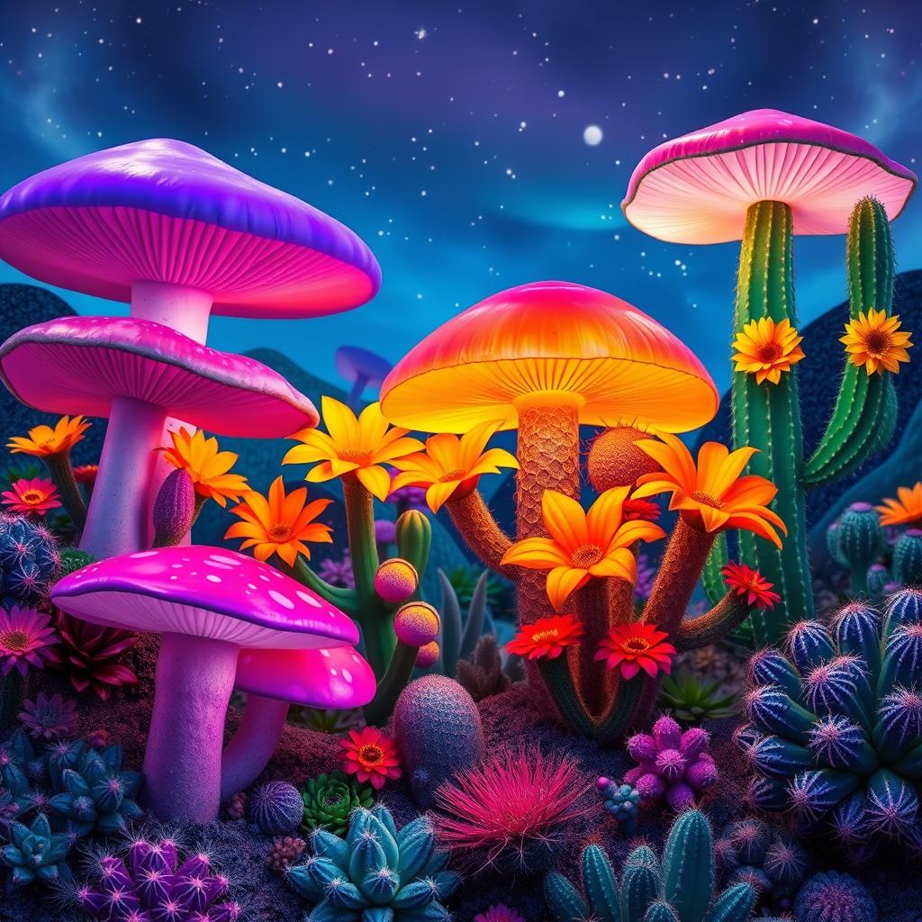 A vibrant and magical landscape featuring mushrooms and cacti with colorful flowers intertwined