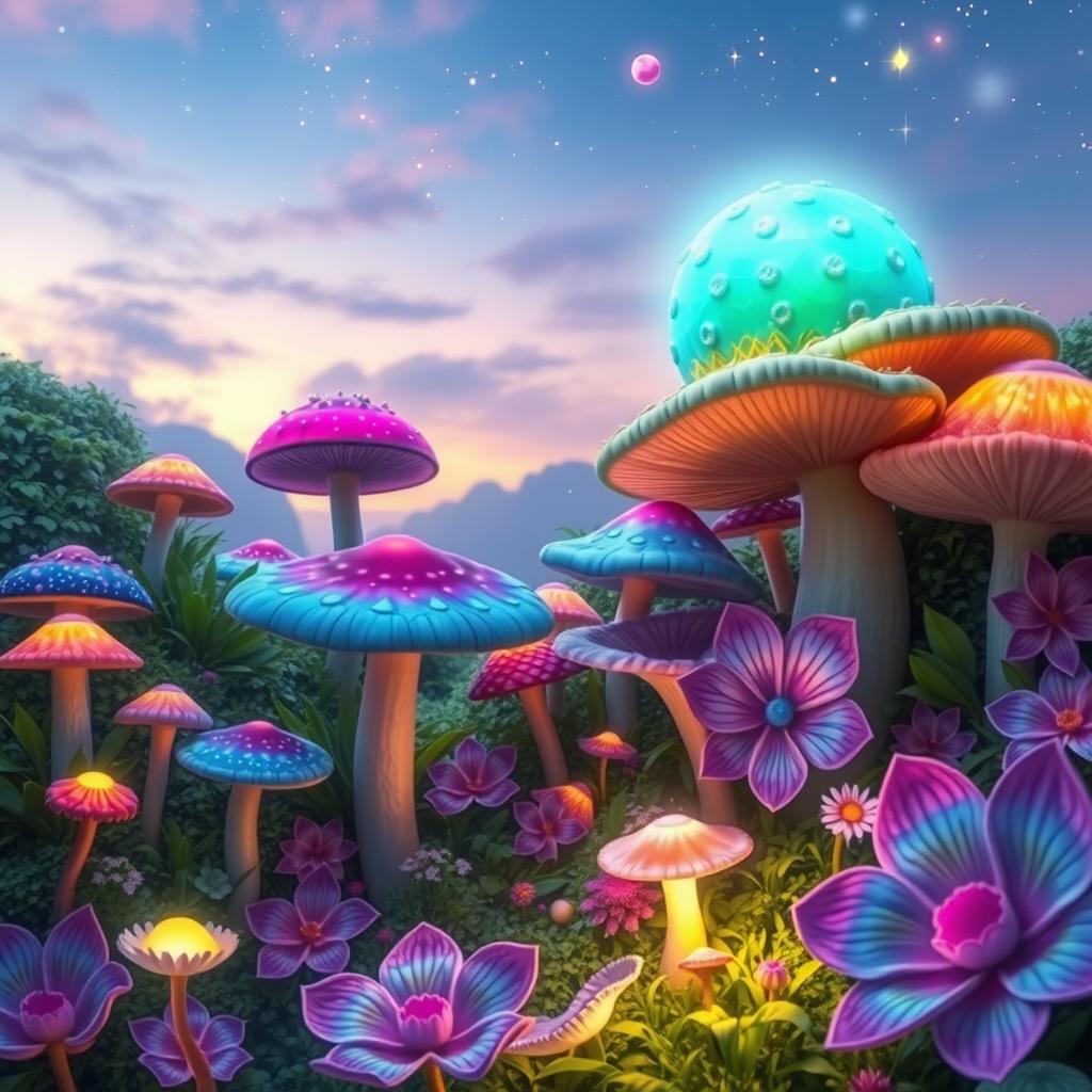 A surreal fantasy landscape featuring vibrant, oversized mushrooms and exquisite flowers