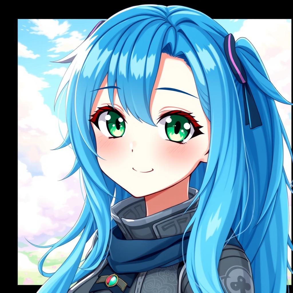 A vibrant and detailed digital art portrait of a blue-haired anime girl, showcasing her striking blue hair with shades of teal and light blue, flowing gracefully down her shoulders