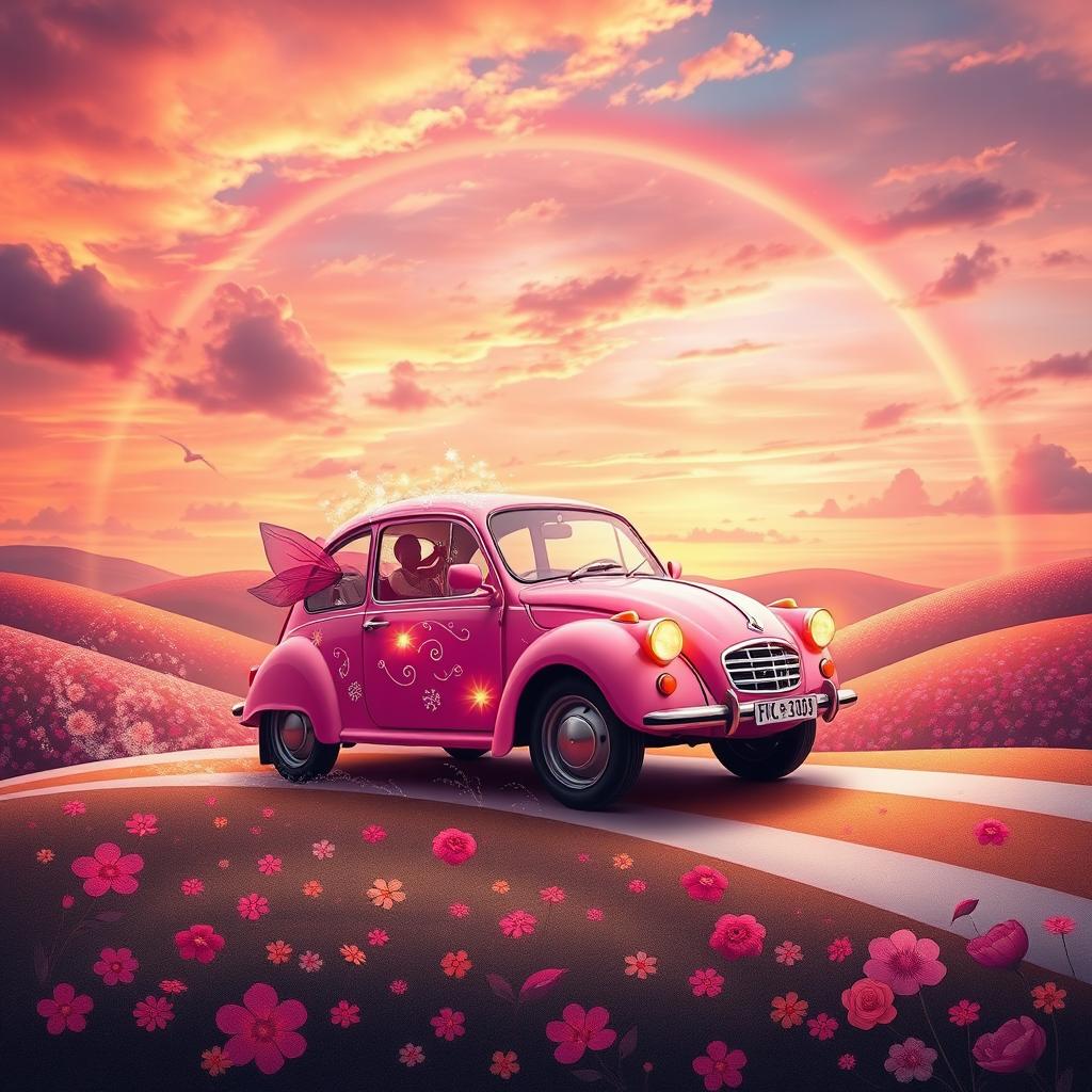 A fantastical portrayal of an auto rosa, a magical pink car with shimmering fairy-tale elements, driving through an enchanting landscape