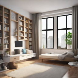 A well-arranged study room with two large windows, a cozy bed, a sleek TV, a study table, a comfortable sofa, and a bookshelf brimming with books