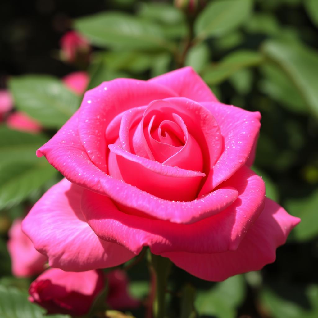 A stunning, vibrant pink rose in full bloom, showcasing delicate petals with velvety textures