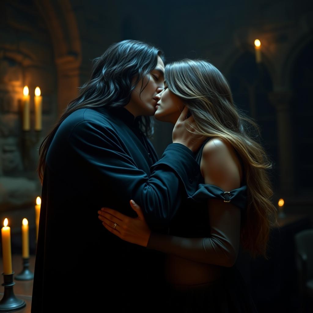 Severus Snape, with his iconic long black hair and dark robes, passionately kissing a mysterious woman in a dimly lit, atmospheric setting reminiscent of a potions classroom