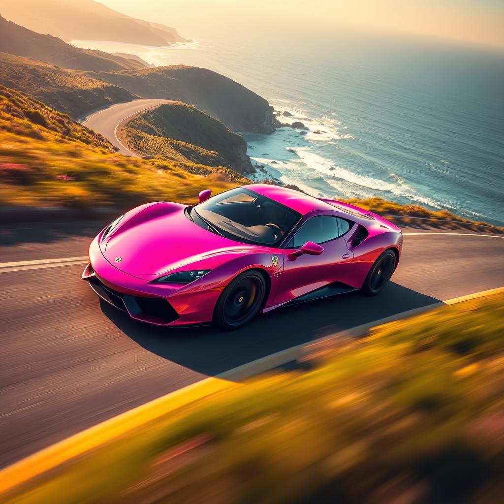 A sleek, vibrant pink sports car speeding along a winding coastal road, with the sparkling ocean in the background
